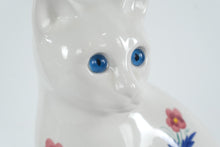 Load image into Gallery viewer, Large White Ceramic Cat Figurine Blue Eyes Floral Decor Statue