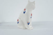 Load image into Gallery viewer, Large White Ceramic Cat Figurine Blue Eyes Floral Decor Statue