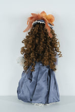 Load image into Gallery viewer, Victorian-Style Porcelain Collectible Doll in Lavender & Navy Gown w/ Feathered Hat – 18" Display Doll