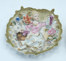 Load image into Gallery viewer, Vintage 1950s Japan Bisque Porcelain Boy Girl Wall Plaques Applied Flowers Pair
