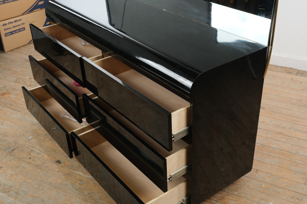 Postmodern Black Lacquer Dresser with Mirror Waterfall Front 6 Drawer
