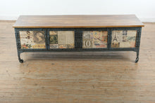 Load image into Gallery viewer, Industrial Media Console with Stamp Style Graphic Panel Doors and Metal Frame
