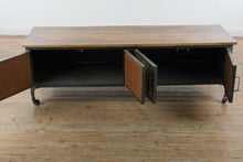 Load image into Gallery viewer, Industrial Media Console with Stamp Style Graphic Panel Doors and Metal Frame