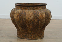 Load image into Gallery viewer, Large Decorative Planter with Woven Reed Panels and Embossed Tribal Motif