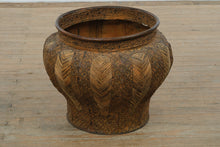 Load image into Gallery viewer, Large Decorative Planter with Woven Reed Panels and Embossed Tribal Motif