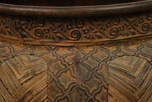 Load image into Gallery viewer, Large Decorative Planter with Woven Reed Panels and Embossed Tribal Motif