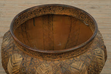 Load image into Gallery viewer, Large Decorative Planter with Woven Reed Panels and Embossed Tribal Motif