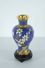 Load image into Gallery viewer, Cloisonné Enamel Vase with Magnolia Blossoms – Deep Cobalt Blue, Gilt Accents, 9" Tall w/ Stand