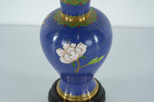 Load image into Gallery viewer, Cloisonné Enamel Vase with Magnolia Blossoms – Deep Cobalt Blue, Gilt Accents, 9" Tall w/ Stand