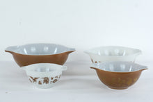 Load image into Gallery viewer, Pyrex Early American Cinderella Mixing Bowl Set 4 Piece Brown Gold 441 442 443 444