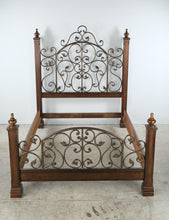 Load image into Gallery viewer, Queen Size Wood and Wrought Iron Bed Frame with Scrollwork Headboard and Footboard