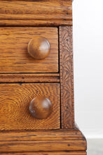Load image into Gallery viewer, Antique Oak Slant Top Writing Desk Spool Desk with Leather Top and Four Drawers