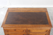 Load image into Gallery viewer, Antique Oak Slant Top Writing Desk Spool Desk with Leather Top and Four Drawers