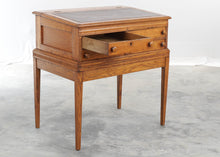 Load image into Gallery viewer, Antique Oak Slant Top Writing Desk Spool Desk with Leather Top and Four Drawers