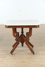 Load image into Gallery viewer, Victorian Eastlake Marble-Top Foyer Table – Walnut Base with Carved Diamond Skirt