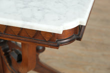 Load image into Gallery viewer, Victorian Eastlake Marble-Top Foyer Table – Walnut Base with Carved Diamond Skirt