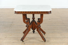Load image into Gallery viewer, Victorian Eastlake Marble-Top Foyer Table – Walnut Base with Carved Diamond Skirt