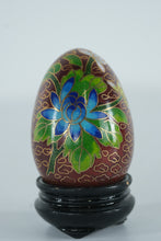 Load image into Gallery viewer, Cloisonné Egg with Blue Lotus Flower Design – Hand-Enameled Floral Art on Stand