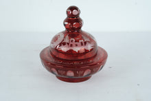 Load image into Gallery viewer, Ruby Red Etched Glass Covered Bowl Lidded Candy Dish Bohemian Style