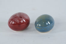 Load image into Gallery viewer, Pair Ceramic Egg Form Bud Vases Red Blue Drip Glaze Studio Pottery