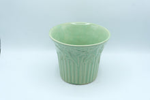 Load image into Gallery viewer, Vintage Celadon Green Art Pottery Planter Floral Relief Ribbed 8 Inch