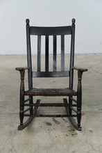 Load image into Gallery viewer, Antique Style Black Wood Rocking Chair Woven Seat Ladder Back 39 Inch