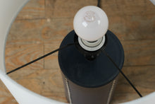 Load image into Gallery viewer, Pair of Pier 1 Imports Navy Leather Table Lamps β Studded Cylinder Base with White Drum Shade