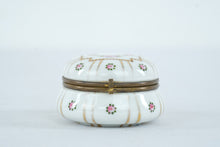 Load image into Gallery viewer, Porcelain Hinged Trinket Box Pink Roses Gold Gilt Floral Round Keepsake Box