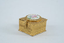 Load image into Gallery viewer, Ornate Gold Tone Filigree Trinket Jewelry Box Porcelain Floral Rose Lid