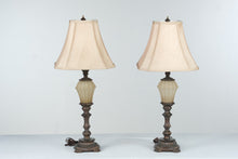 Load image into Gallery viewer, Pair Traditional Bronze Tone Table Lamps Alabaster Style 30 Inch