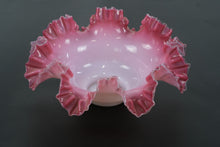 Load image into Gallery viewer, Fenton-Style Pink & White Ruffled Art Glass Bowl – Handcrafted Opalescent Cased Glass, 11” Wide