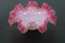 Load image into Gallery viewer, Fenton-Style Pink & White Ruffled Art Glass Bowl – Handcrafted Opalescent Cased Glass, 11” Wide