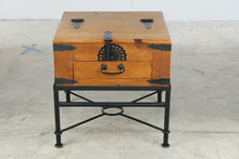 Load image into Gallery viewer, Rustic Solid Wood Trunk Side Table with Storage Drawer and Iron Base