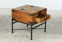 Load image into Gallery viewer, Rustic Solid Wood Trunk Side Table with Storage Drawer and Iron Base