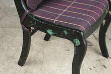 Load image into Gallery viewer, Hand Painted Black Wood Side Chair Floral Bird Carved Back Purple Plaid Seat