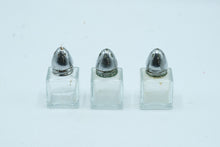 Load image into Gallery viewer, Vintage Glass Salt and Pepper Shakers Set of 3 Square Chrome Bullet Tops
