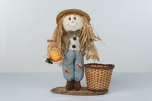 Load image into Gallery viewer, Fall Scarecrow Doll with Pumpkin Wicker Basket and Wood Base 15 Inch Harvest Decor