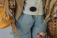 Load image into Gallery viewer, Fall Scarecrow Doll with Pumpkin Wicker Basket and Wood Base 15 Inch Harvest Decor