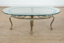 Load image into Gallery viewer, Oval Glass Top Coffee Table with Cast Metal Base and Ornate Scrollwork Frame