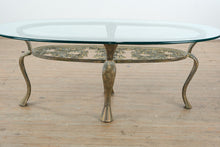 Load image into Gallery viewer, Oval Glass Top Coffee Table with Cast Metal Base and Ornate Scrollwork Frame