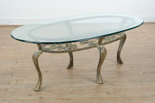 Load image into Gallery viewer, Oval Glass Top Coffee Table with Cast Metal Base and Ornate Scrollwork Frame