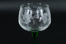 Load image into Gallery viewer, Set of 2 Luminarc France Wine Glasses – Etched Grape Design, Green Stem – 6.5” Tall