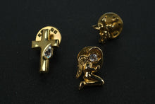 Load image into Gallery viewer, Set of 3 Gold-Tone Religious Tie Pins – Cross with Crystal, Praying Angel & Cherub Designs