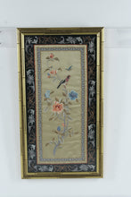 Load image into Gallery viewer, Vintage Chinese Silk Embroidery Bird & Flower Scene – Hand-Stitched Art in Bamboo Frame 15.5x28
