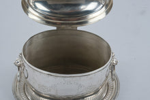Load image into Gallery viewer, Antique English Silverplate Biscuit Box Lion Mask Handles Engraved Oval Stand