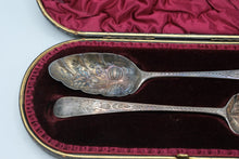 Load image into Gallery viewer, Antique Georgian Sterling Silver Berry Spoons Pair Repousse Fruit Cased London