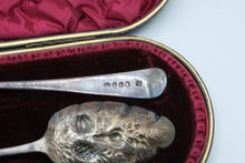 Load image into Gallery viewer, Antique Georgian Sterling Silver Berry Spoons Pair Repousse Fruit Cased London