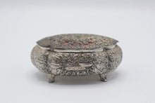 Load image into Gallery viewer, Japan Silver Tone Filigree Trinket Box Red Velvet Floral Jewelry Casket