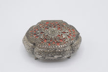 Load image into Gallery viewer, Japan Silver Tone Filigree Trinket Box Red Velvet Floral Jewelry Casket