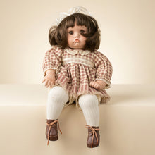 Load image into Gallery viewer, Collectible Porcelain Girl Doll 15 Inch Brown Hair Pouty Face Gingham Dress